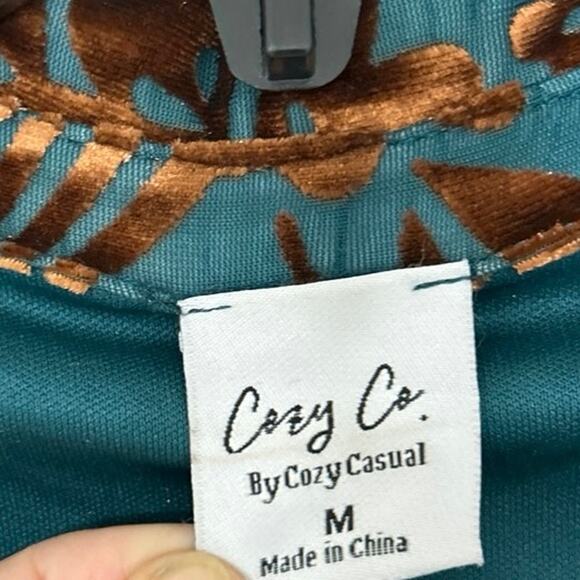 Cozy Co Burnout Velvet Floral Button Front Shirt Dress Teal Brown Medium Boho - Picture 12 of 14